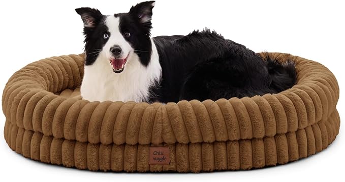 ChiXnuggle XL Dog Bed - Luxury Striped Faux Fur Waterproof Pet Couch with Removable Washable Cover, Orthopedic Dog Bed with Bolster Sides for Sleeping, Brown