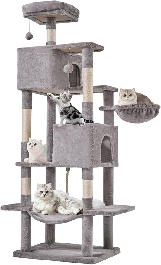 Large Cat Tree 66 Inch, Multi-Level Tall Cat Tree Tower with Condo, Perches, Sisal Scratching Posts and Hammock, Pet Play House with Dangling Balls for Indoor Cats, Light Grey