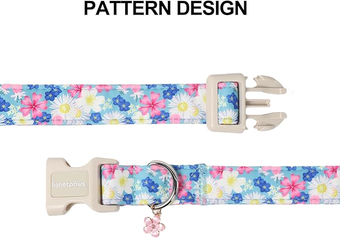 Lionet Paws Floral Dog Collar- Cute Spring Wildflowers Daisy Forget Me Not Dog Collars with Plastic Buckle, Light Adjustable Dog Collars for Medium Dogs