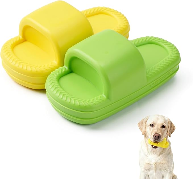 MECOOL Squeaky Slipper Dog Toy - Chew Toys for Aggressive Chewers, Durable Rubber Chew Toy for Dental Cleaning & Boredom Relief, for Small Medium Dogs, 2PCS Yellow and Green