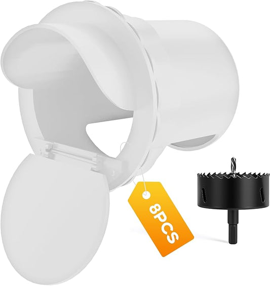 Chicken Feeder Port 8 Pack - No Waste DIY Poultry Feeding Kit with Stopper Lid & Hole Saw, Reusable Rain Proof Automatic Coop Gravity Feeder for Hens Ducks Geese (White)