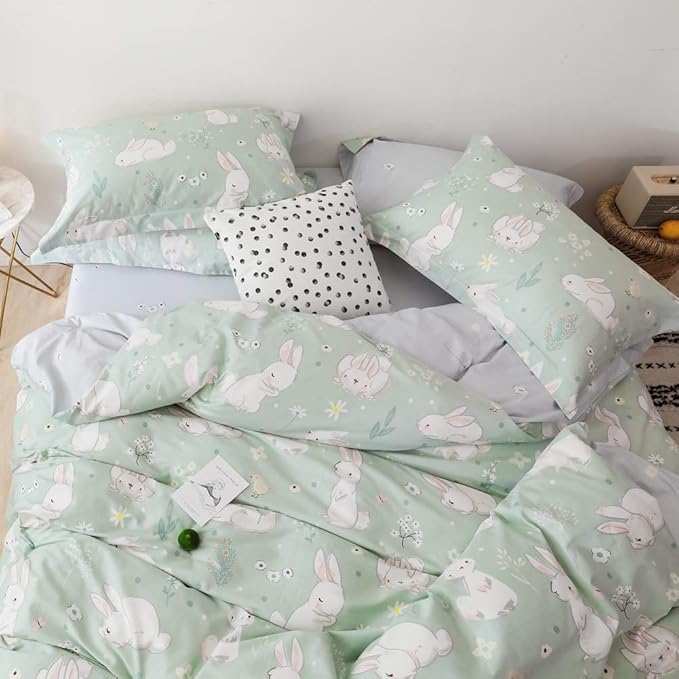 BlueBlue Rabbit Kids Duvet Cover Set Queen, 100% Cotton Bedding for Boys Girls Teens, Cartoon White Rabbit Flower Cute Pattern Print on Light Green, 1 Full Comforter Cover 2 Pillow Shams (Queen)