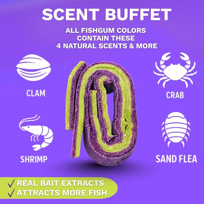 FishGum Surf Fishing Bait Strips for Saltwater Beach Fishing – Real Shrimp, Crab, Clam & Sand Flea Infused Scent – Artificial Cut Bait for Pompano, Redfish & Flounder