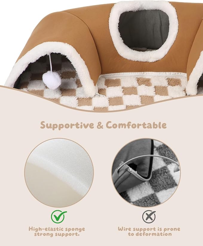 Extra Large Guinea Pig Hideout Tunnel, 3-Cave Small Animal Tunnel for Play Tube Toys Mat, Pet Tunnel for Dwarf Rabbits Bunny Chinchillas Hamsters Hedgehogs Ferrets, Brown, 22.05" × 16.14"× 5.51"