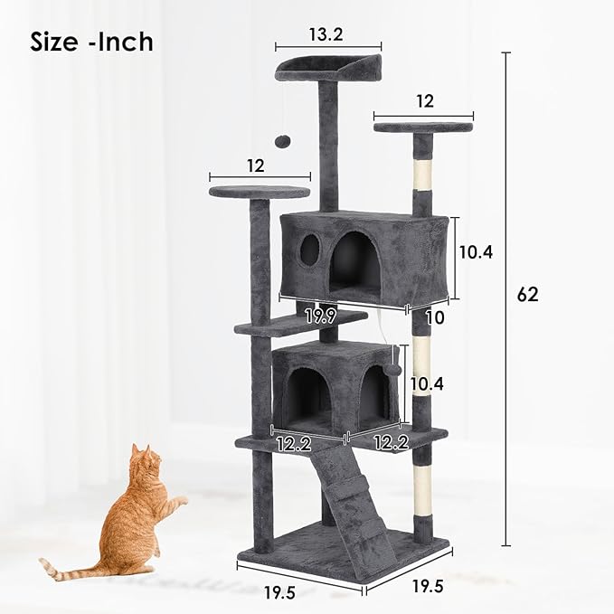 PayLessHere Cat Tree 62in Cat Tower with Cat Scratching Post,Multi-Level Cat Condo Stand House Furniture Kitty Activity Center with Furry Ball Toys Cat Tree for Indoor Cats,Dark Gray