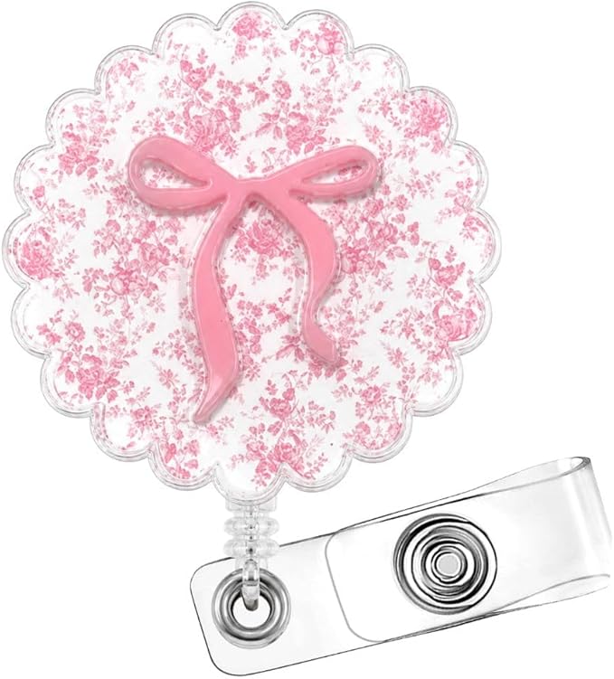 Cute Girly Pink Floral Bow Ribbon Badge Reel for Nurse Women Office Teacher Medic Worker Princess Aesthetic Decorative Sparkly Glitter Retractable ID Holder Clip Pretty Flower Design Gifts Accessories