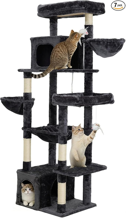 69.7-inch (177cm) Multi-Level Cat Tree with 2 Perches, 2 Condos, 2 Hammocks, Basket & Toy for Indoor Cat Activities (Grey)