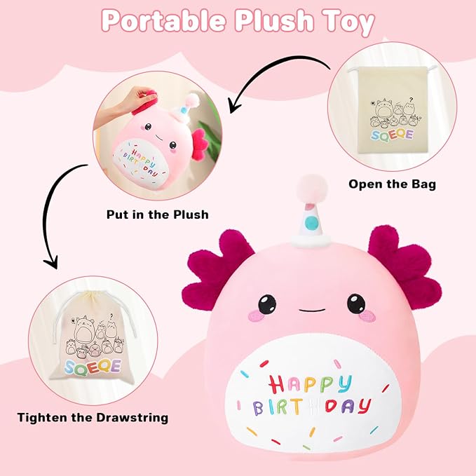 SQEQE Happy Birthday Axolotl Plush Axolotl Stuffed Animal Toy Pink Birthday Plushies Home Decor for Girls Boys Kids (8Inch)