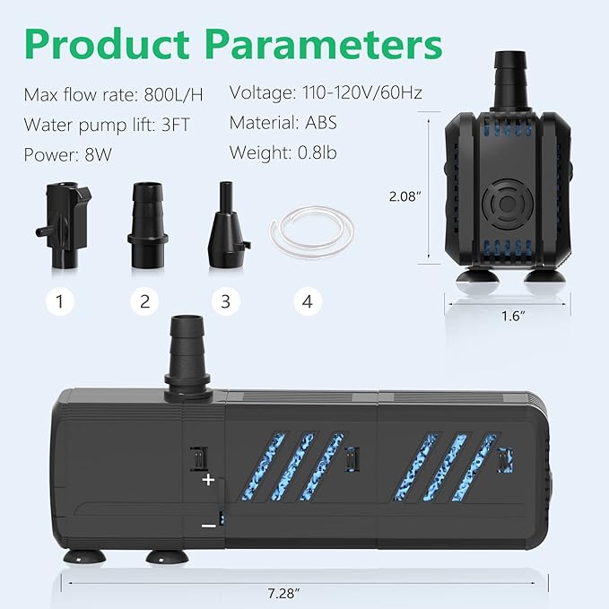 Aquarium Filter, Insputer 8W Turtle Tank Filter with 2 Sponge Filtration, 200 GPH Adjustable Submersible Fish Filters for 10-50 Gallo Pond Freshwater