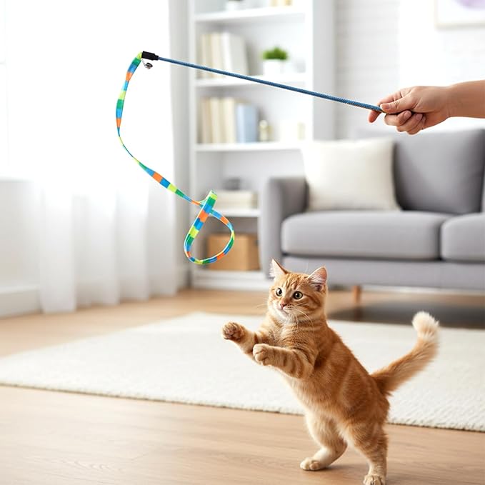 2 Pcs Interactive Cat Rainbow Wand Toys, Colorful Ribbon Teaser for Bored Indoor Cats and Kittens Cat Teaser Wand and String Toy Extended Colorful Cats String Toy with Bells