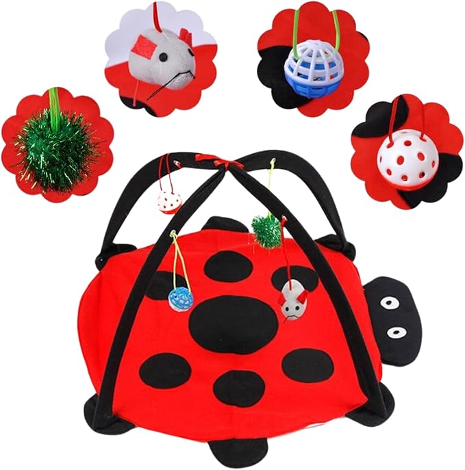 Ferret Play Mat - Foldable Fleece Activity Center with Hang Toys Balls Mice Small Animal Interactive Mat Tent Toy for Exercise Napping (Ladybug)
