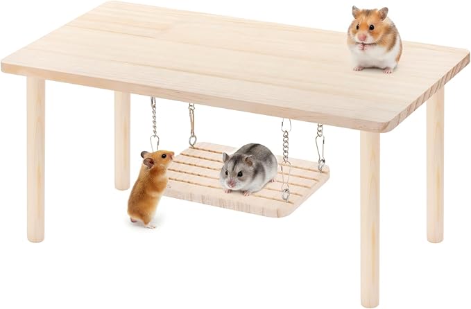 Large Natural Wooden Hamster Activity Platform with Hanging Swing, Multi-Layer Play Platform, Suitable for Climbing Toys for Small Animals Such as Dwarf Hamsters and Syrian Hamsters to Play with