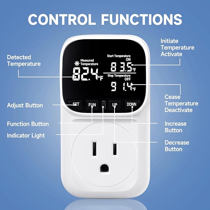 Temperature Controlled Outlet with 16.4ft & 6.5ft 2 Probes, Reptile Thermostat 15A 1800W Digital Thermostat, Heating Cooling Timer with Cyclic Timing/Countdown, -40℉~210℉ for Reptile Incubator