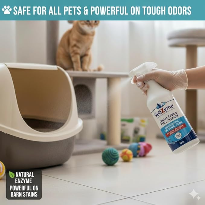 VetiZyme Animal Cage & Stall Cleaner – Natural Enzyme Cleaner & Odor Eliminator – Sanitizes, Disinfects & Remove Germs, Bacteria, Mold & Mildew – Non Toxic, Safe for Pets, Livestock & Facilities
