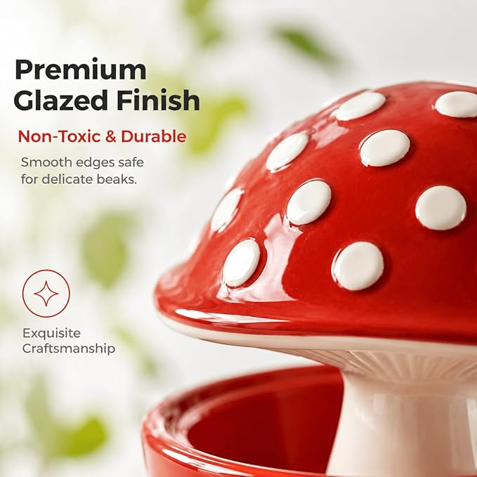 Ceramic Mushroom Bird Feeder No Mess, Spill Proof Bird Food and Water Bowl for Cage, Covered Dispenser for Parakeet, Budgie, Cockatiel, Lovebird, Hamster Accessories, 4.3" Tall