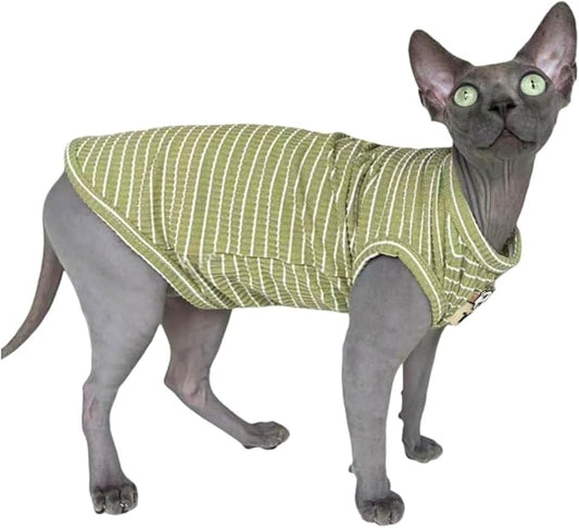 Green Stripe Sphynx Cat Vest Clothes for Hairless Cat T-Shirt Apparel | Sleeveless, Rib Knit, Thin for Summer, Cotton Blend