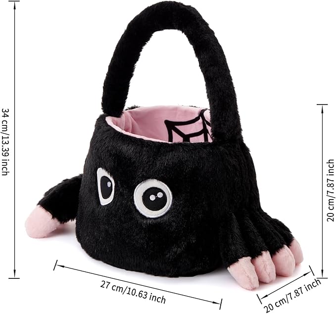 Halloween Plush Treat Basket, Halloween Candy Basket, Trick-or-Treat Bag,(Pink Black Spider)