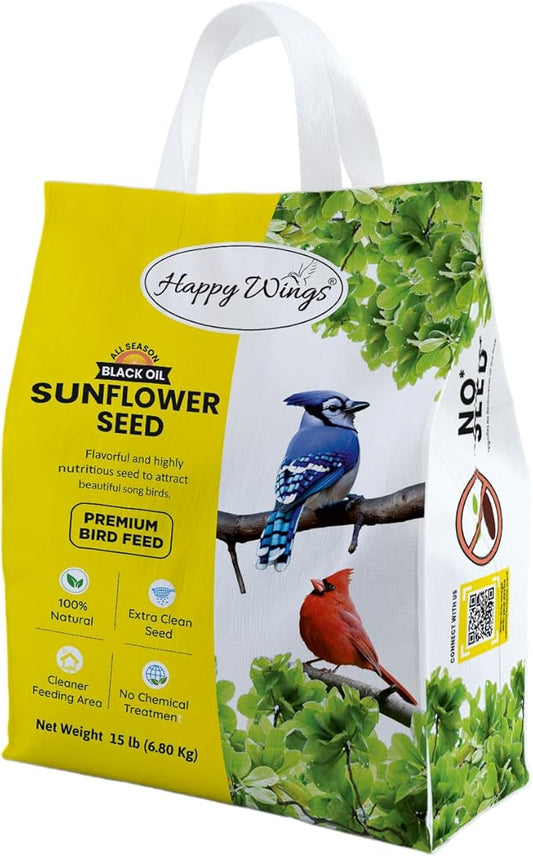 Happy Wings Black Oil Sunflower Seeds Wild Bird Food- 15 Pounds | No Grow Seed | Bird Seed for Wild Birds