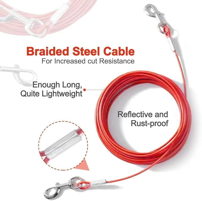 Tie Out Cable for Dogs,10/20/30/50/100FT Dog Leads for Yard Chew Proof,Heavy Duty Tie Out Cable for Large Dogs Up to 125lbs,Dog Runner Tether (Red, 125Ibs 100ft)