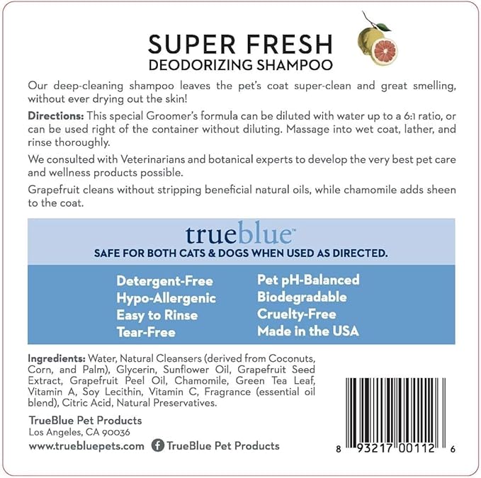 TrueBlue Grapefruit & Chamomile Concentrated Deodorizing Dog Shampoo – Cleansing Wash, Moisturizing – Toxin Free, Natural Botanical Blend – Tearless – 1 Gallon