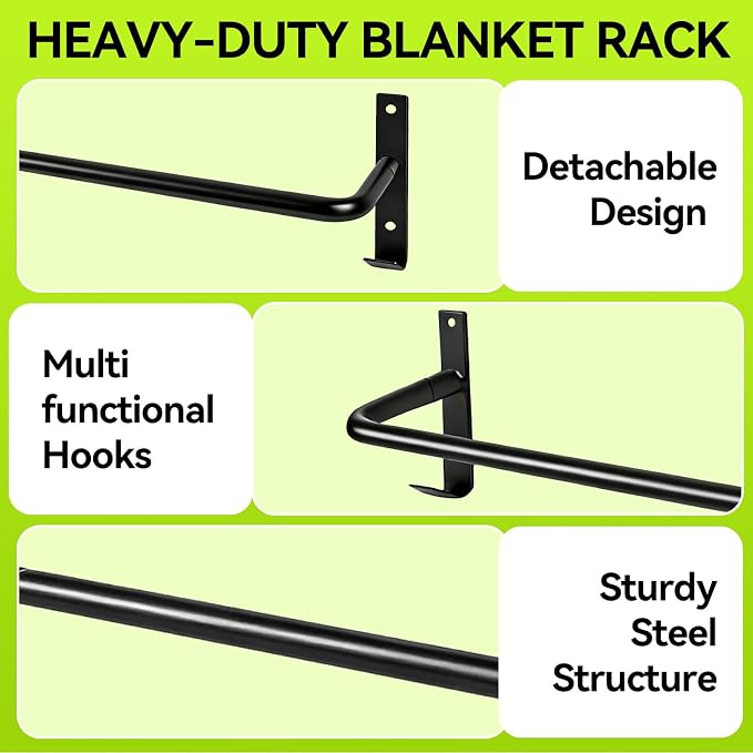 4Pcs Heavy Duty Horse Blanket Rack with Bridle Hooks, Wall Mounted Assembled Blanket Bar, Saddle Pad Rack for Horse Tack Storage, Black