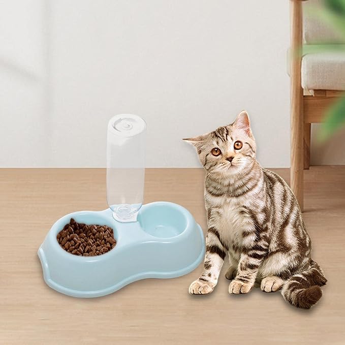 Fenteer 2 in 1 Double Cats Dogs Bowls Automatic Waterer Bottle Drinker Dish Feeder Pets Water and Food Bowl Set for Watering Rabbit Kitty Kitten, Blue