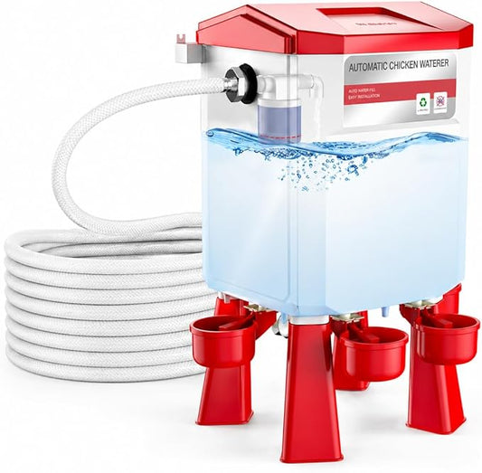 Automatic Chicken Waterer 2 Gallons, Chicken Water Feeder with Float Valve & 4 Water Cups, 13FT Hose Poultry Waterer System, Chicken Coop Water Dispenser for Chickens Ducks Quail Turkey (Red, 2 GAL)