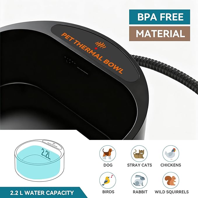 Outdoor Heated Water Bowl for Dogs Cats, 2.2L Winter Heating Dog Water Bowl Smart Thermal for Outdoor Chickens Rabbits Birds, Black, Winter Clearance 2026, Limited Stock