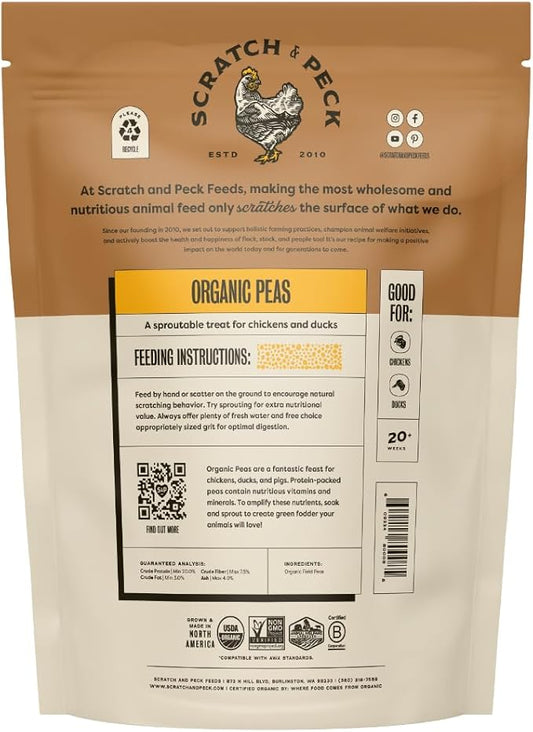 Scratch and Peck Whole Peas Chicken, Duck and Livestock Supplemental Grain - 10 lbs Bag - 20% Protein, Certified Organic and Non-GMO Project Verified Chicken Food
