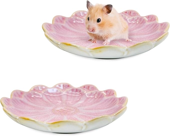 BNOSDM Shallow Ceramic Hamster Food Dish 2 Pcs Small Animals Food Bowl Sunflower Feeding Dishes for Gerbils Mice Rats 4.5in (Pink)