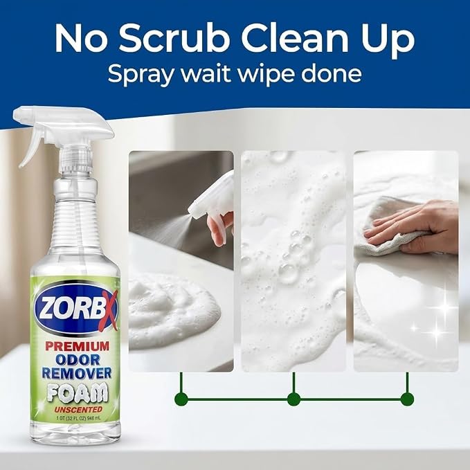 ZORBX Premium Unscented Odor Remover Foam 32 oz – Extra Strength, Fragrance-Free Odor Eliminator Foamer for Pets, Drains, Garbage Disposal, Carpets, Bathroom & Kitchen