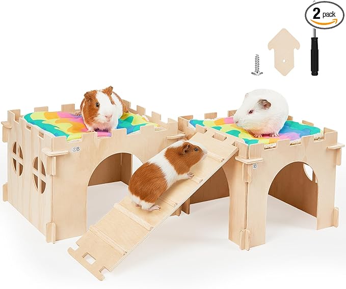 Guinea Pig Hideout, Guinea Pigs House with Stairs and Mats Extra Large Guinea Piggy Castle Detachable Hideouts for Small Animals Wooden Guinea Pig Habitats with Multiple Doors and Windows