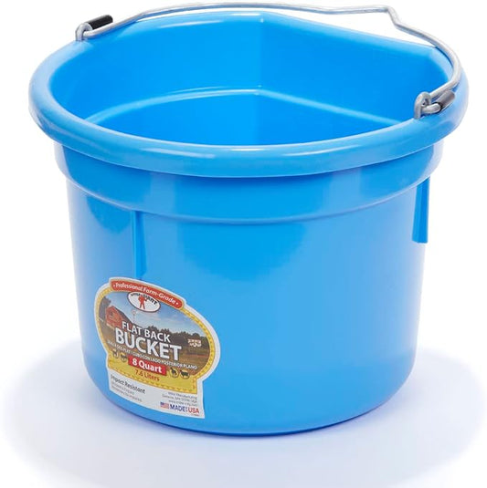 Little Giant® Flat Back Plastic Animal Feed Bucket | Animal Feed Bucket with Metal Handle | Horse Stall Feeding and Watering Supplies (Berry Blue, 8 Quart)