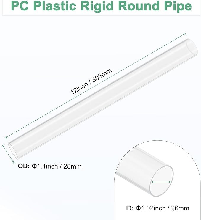 M METERXITY Clear Plastic Tube, 26mm[1.02"] ID x 28mm[1.1"] OD High Impact Rigid Polycarbonate Round Pipes for Water Plumbing/Lighting/Aquariums/Models, Plastic Tubing [305mm/12IN]