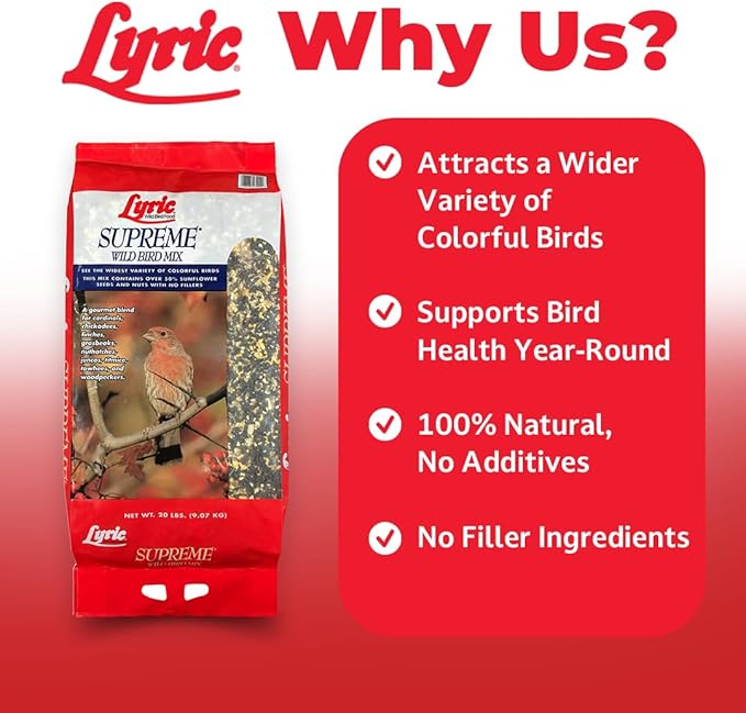 Lyric Supreme Wild Bird Seed for Outside Feeders - Wild Bird Food Mix with Nuts & Sunflower Seeds, Attracts Many Beautiful Songbirds, 40 lb Bag