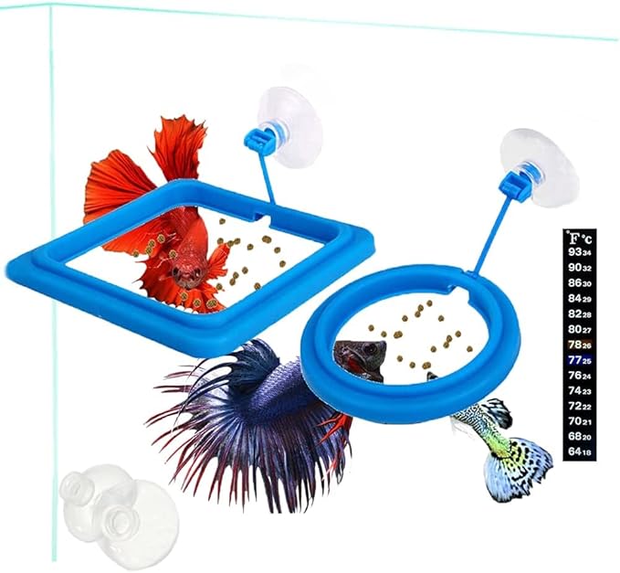 2 Pcs Fish Feeding Ring, Fish Safe Floating Food Feeder Circle Blue, with Suction Cup Aquarium, Square and Round Shape Fish Tank Towels - for Guppy, Betta, Goldfish, Etc. (Blue)¡­