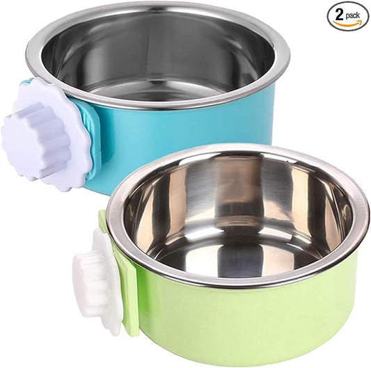 kathson Crate Dog Bowl 2pcs, Removable Stainless Steel Hanging Pet Kennel Cage Bowl Food & Water Feeder Coop Cup for Puppy, Cat, Rabbit, Guinea Pigs (2 PCS, Size: L, Blue and Green)