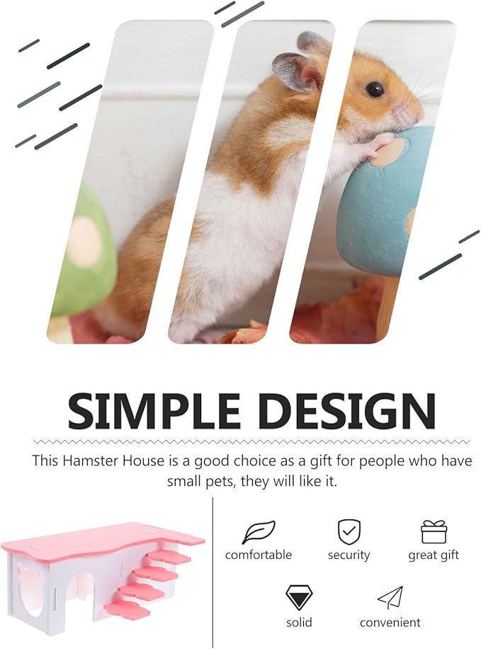 Beaupretty Hamster House Ladder 10.62In Multi-Level Wooden Platform Small Pet Hideout Toy for Hamsters Guinea Pigs Pink Cage Accessory