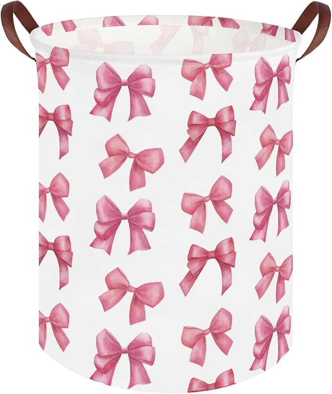 Bow laundry basket for girls,Nursery Hamper,Pink Laundry Hamper,Waterproof collapsible canvas laundry basket for girls,Pink Girls Laundry Basket,Living Room Decor(Bowknot)