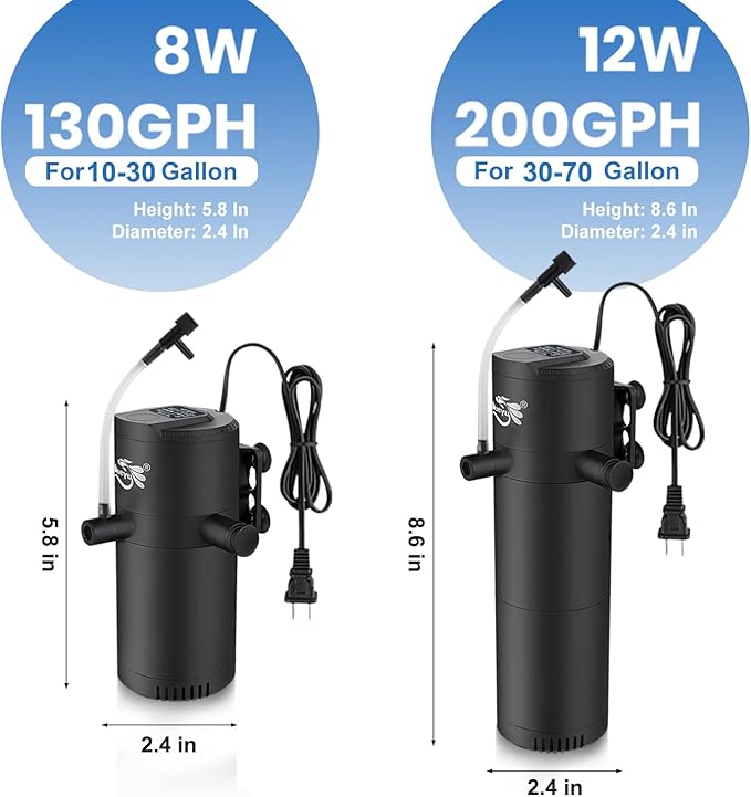 Aquarium Filter for 30-70 Gallon Tank, Fish Tank Filter with Wave-Maker Oxygenation Circulation, Adjustable Air Flow Filter for Freshwater & Saltwater, 4 in 1 Submersible Filter (12W)