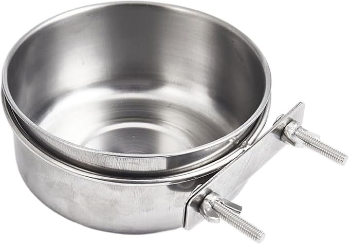 Bird Bowls for Cage Stainless Steel, Parakeet Feeding Dish Cups with Clamp Holder, Hanging Hamster Foraging Food Water Bowl for Parrot Cockatiel Budgies Bunny Hedgehog Dog Cat (7.1*2.6inch,Silver)
