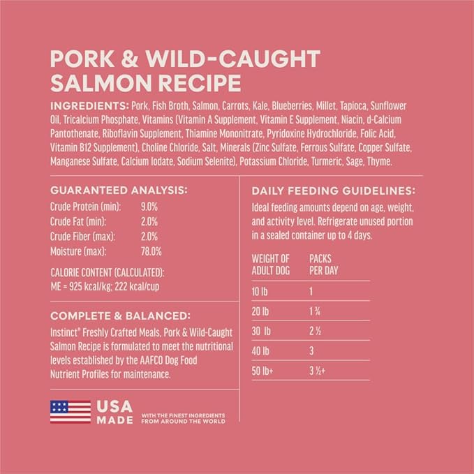 Instinct Freshly Crafted Meals, Dog Wet Food or Topper, Human Grade - Pork & Wild-Caught Salmon, 11 oz. Carton