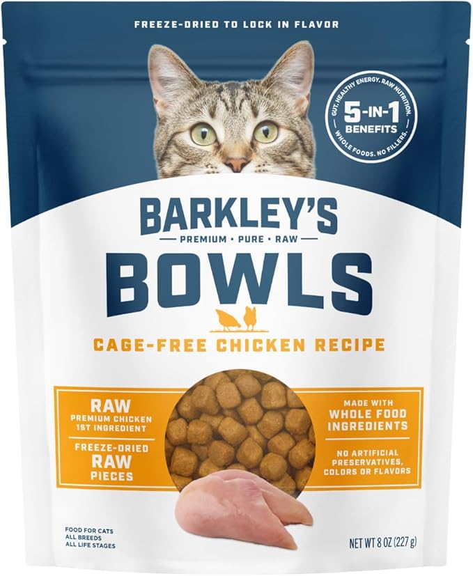 Barkley’s Bowls, Freeze-Dried Raw Chicken Cat Food, Fresh Whole Food Ingredients with Cage-Free Chicken, Grain Free, High Protein for Balanced Feline Nutrition, Cat Treats or Topper, 8 Oz Bag