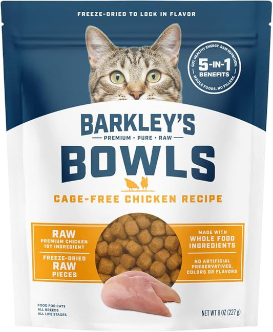 Barkley’s Bowls, Freeze-Dried Raw Chicken Cat Food, Fresh Whole Food Ingredients with Cage-Free Chicken, Grain Free, High Protein for Balanced Feline Nutrition, Cat Treats or Topper, 8 Oz Bag
