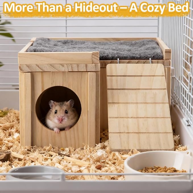 Hamster Hideout Wooden House with Ladder & Washable Pad, Small Animal Habitat Cage Accessories, Cozy Nest for Dwarf Syrian Hamsters, Gerbils & Mice