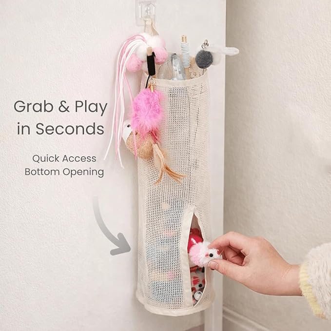 Cat Wand Toy Storage Organizer, Wall Mounted Mesh Holder for Cat Toys, Space-Saving with Adhesive Hooks (Single Compartment)
