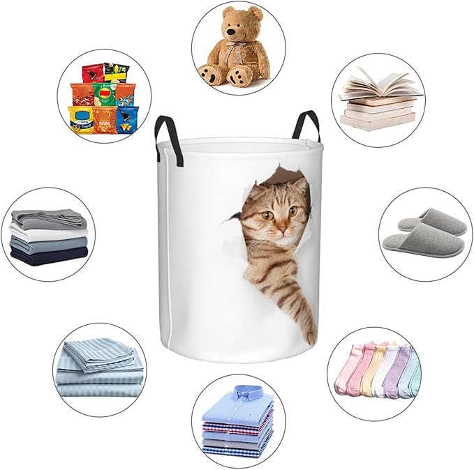 Cute Cat In White Hole Round Laundry Hamper Storage Basket Toys Clothes Organizer Bin For Home Bathroom Bedroom Dorm Nursery, 38l