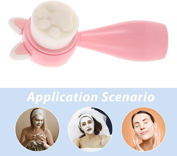 ABOOFAN Manual Silicone Facial Cleansing Brush, Dual-Sided Soft Bristles Face Exfoliator Brush with Abs Handle, Pink Rabbit Ear Design for Gentle Deep Face Cleaning and Skin Care