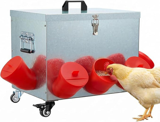 Magicfly 40 lbs Chicken Feeder No Waste, Large Metal Automatic Chicken Feeder Box, 8 Bell-Mouth Feeding Port, with Handle and Wheels, Rat Proof Chick Feeder for Chickens, Ducks & Geese