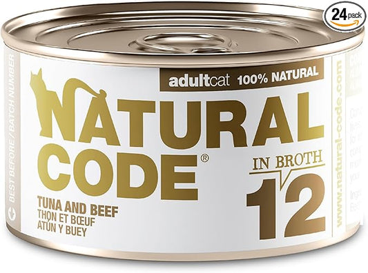 Natural Code - 24 Pack Wet Cat Food, Limited Ingredient Cat Food, High-Protein, Non-GMO, No Artificial Additives, Made in Italy, Tuna and Beef in Broth for Adult Cats, 3 oz